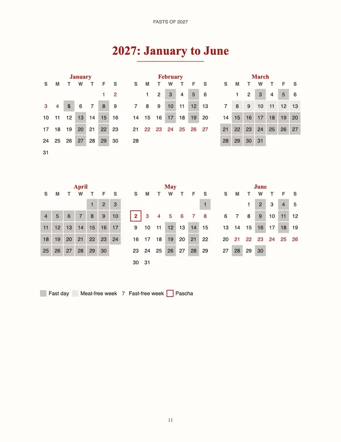 A calendar page, 2027: January to June, New Calendar, with every fast day shaded and Pascha on May 2 marked.