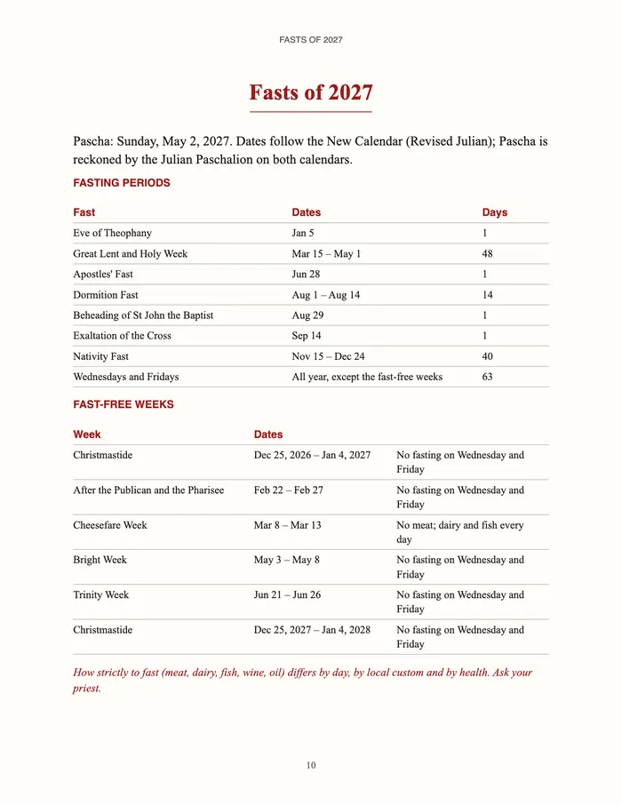 The page Fasts of 2027 from a PrayerRule book on the New Calendar: Pascha on Sunday, May 2, 2027, the table of fasting periods and the table of fast-free weeks.