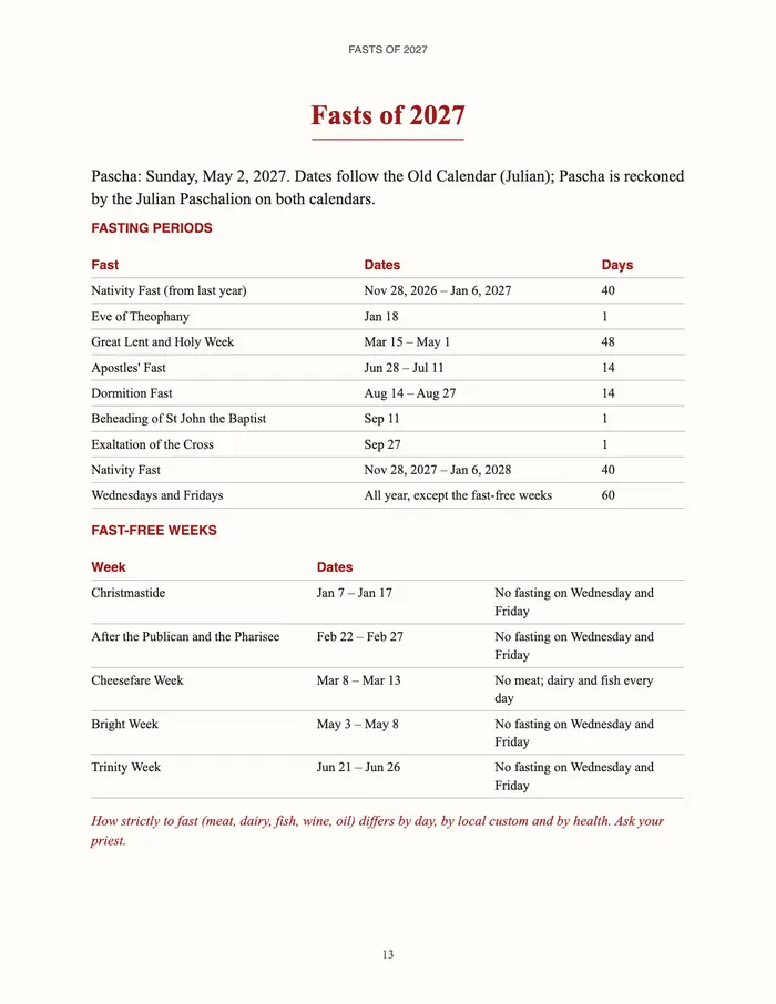The page Fasts of 2027 from a PrayerRule book on the Old Calendar: Pascha on Sunday, May 2, 2027, the fasting periods from the Nativity Fast of 2026 to the Nativity Fast of 2027, and the fast-free weeks.