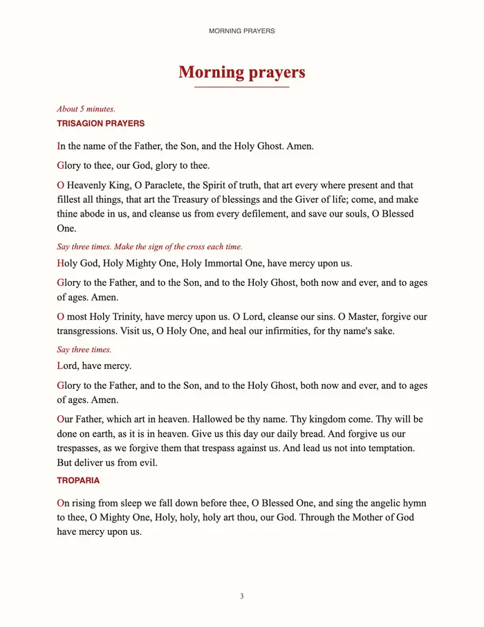 Page 3 of a PrayerRule book for St Mary of Egypt: Morning prayers, about 5 minutes, beginning with the Trisagion prayers, each prayer with a red initial and red instructions.