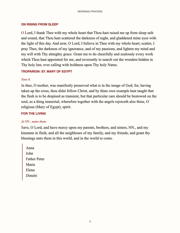 Page 4: the troparion on rising, the prayer on rising from sleep and the troparion of St Mary of Egypt.