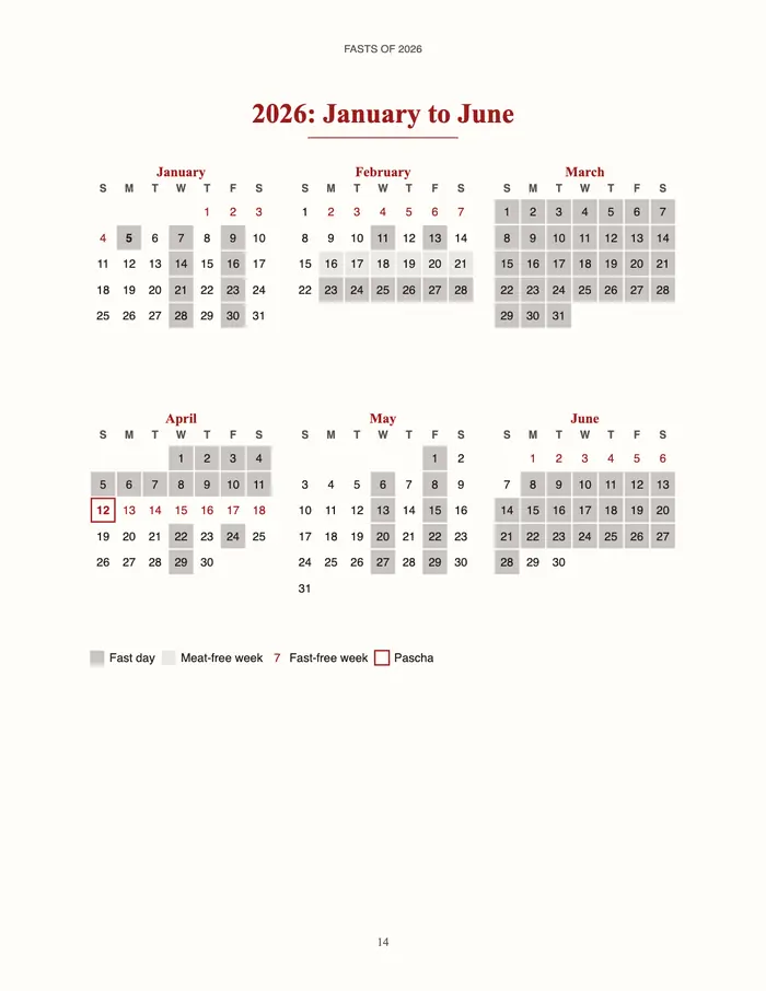 Page 14, 2026: January to June, six small month calendars with every fast day shaded and Pascha marked.