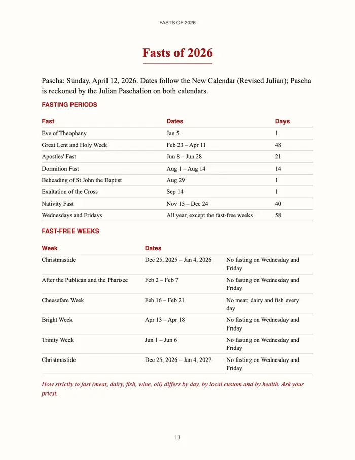 Page 13, Fasts of 2026: Pascha on Sunday, April 12, 2026, a table of the fasting periods from the Eve of Theophany to the Nativity Fast with their dates and number of days, and a table of the fast-free weeks.