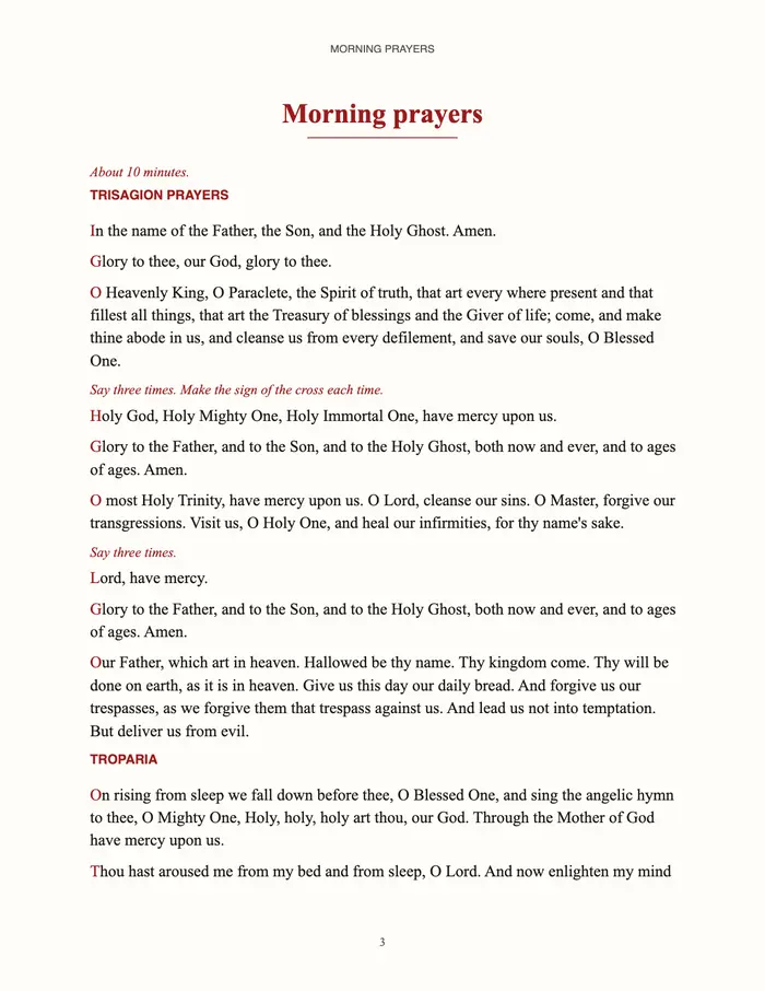 Page 3, Morning prayers, about 10 minutes: the Trisagion prayers from In the name of the Father to Our Father, each prayer beginning with a red initial, with red instructions such as Say three times. Make the sign of the cross each time.