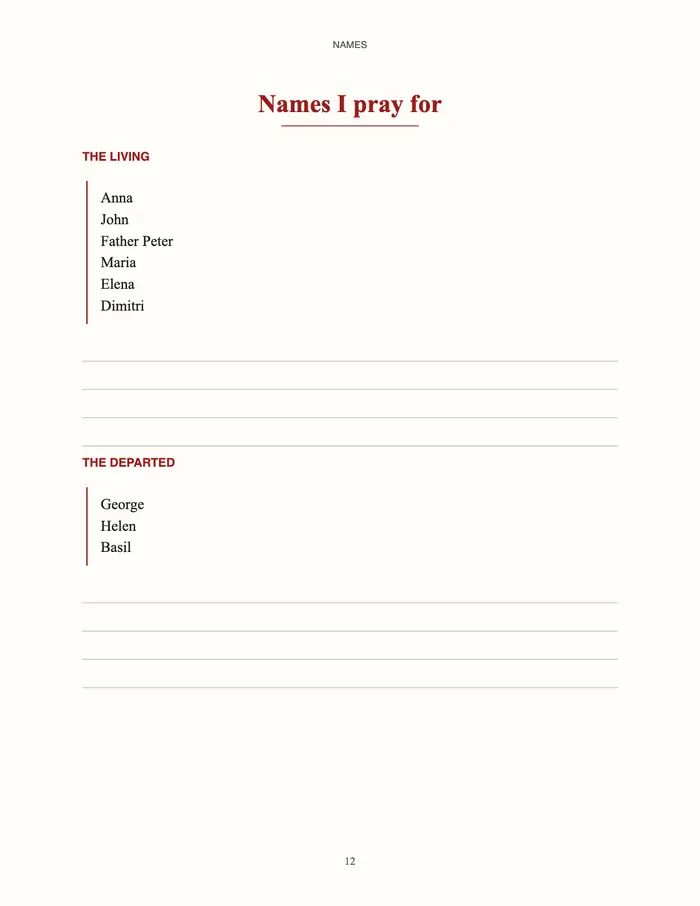 Page 12, Names I pray for: the living and the departed, each list followed by blank lines.